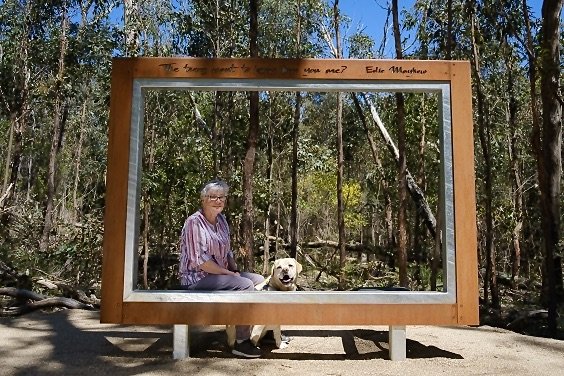 Edie sitting in the picture frame on the sensory trail